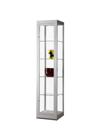 Vitrinekast V8 400 zilver met gehard glas, draaideur met slot, verstelbare glazen legborden en LED-verlichting