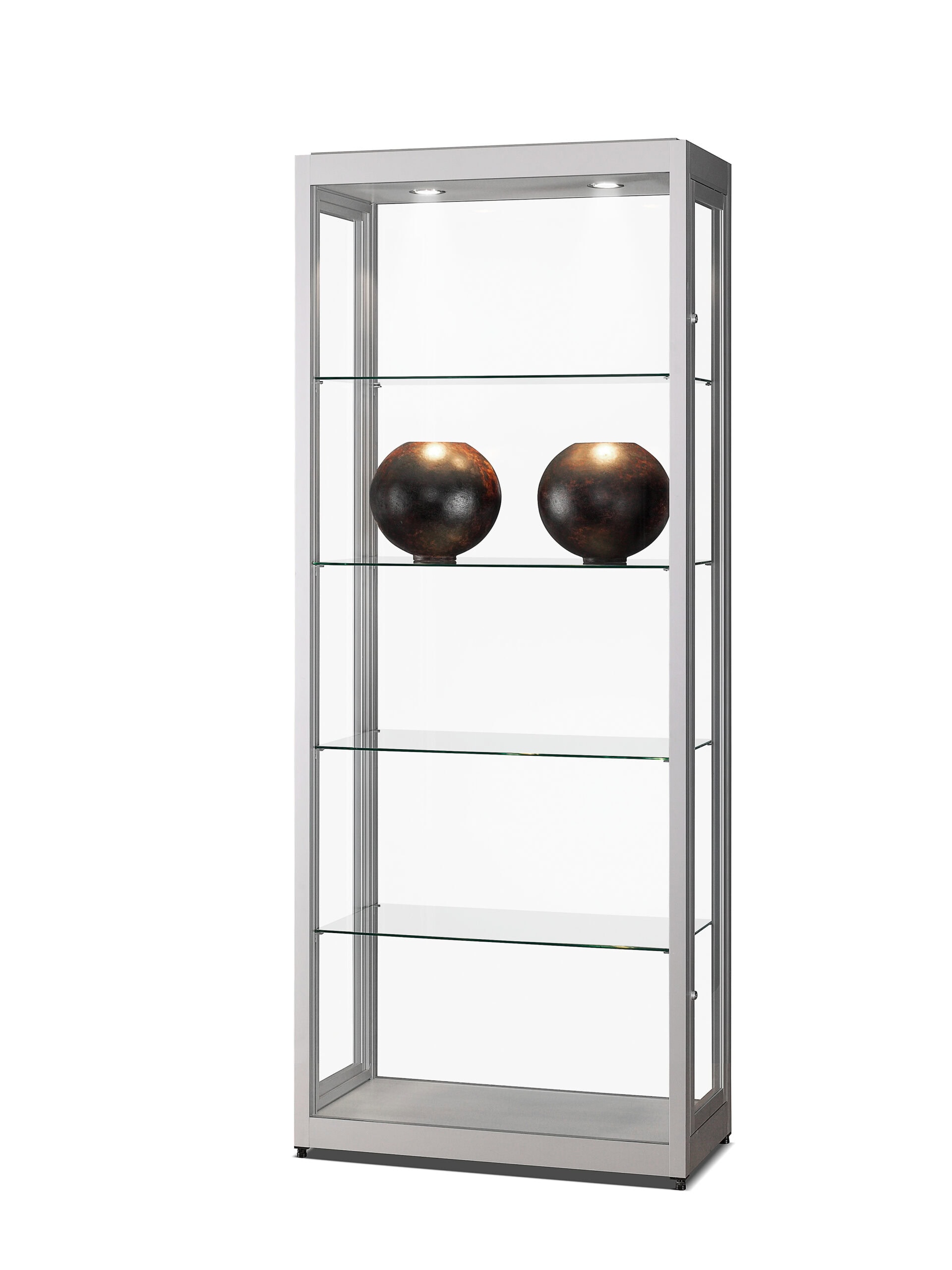 Vitrinekast V8 800 zilver met gehard glas, dubbele draaideuren met slot, verstelbare glazen legborden en LED-verlichting