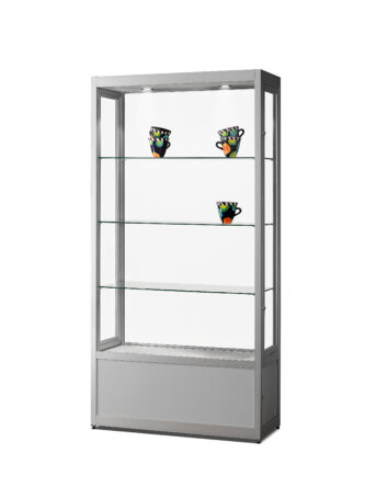 Stofdichte vitrinekast V8 1000 Light met onderkast zilver met gehard glas, dubbele draaideuren met slot, LED-verlichting, onderkast en verstelbare glazen legborden