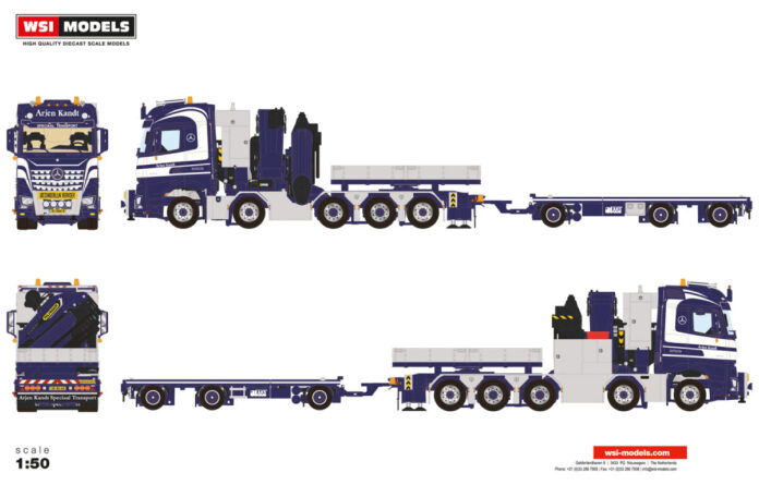 ARJEN KANDT; MERCEDES-BENZ AROCS MP5 BIG SPACE 10X4 FLAT BED DRAWBAR TRAILER - 3 AXLE WITH PALFINGER PK 165.002 TEC 7 BALLAST BOX + HITCH - Afbeelding 4