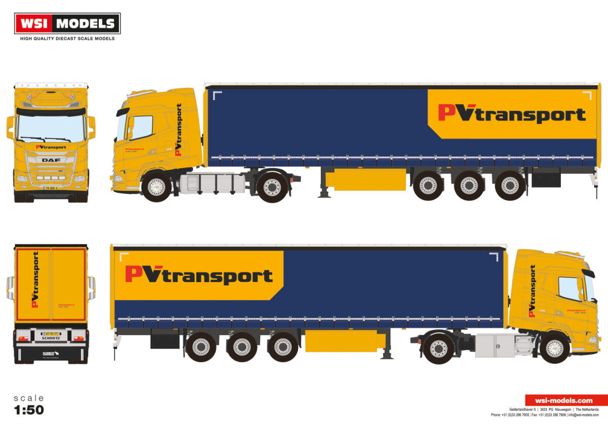 PV TRANSPORT; DAF XG 4X2 CURTAINSIDE TRAILER - 3 AXLE - Ton Toys