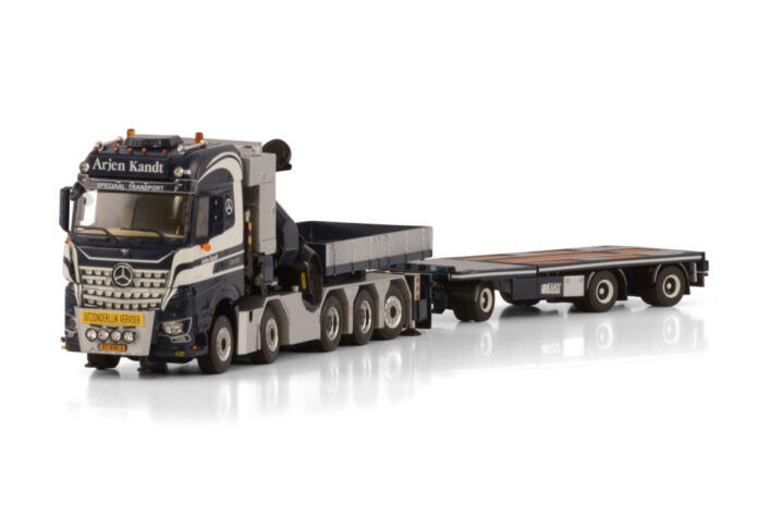 ARJEN KANDT; MERCEDES-BENZ AROCS MP5 BIG SPACE 10X4 FLATBED DRAWBAR TRAILER - 3 AXLE WITH PALFINGER PK 165.002 TEC 7 + JIB BALLAST BOX + HITCH