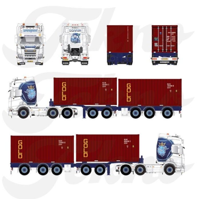 SCANIA NEXT GEN R 530 MET 5 AXLE  CONTAINER CHASSIS MET 2X20 FT CONTAINER  SNEEPELS - Afbeelding 3
