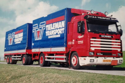 TIELEMAN; SCANIA 3 SERIES STREAMLINE 4X2 RIGED BOX TRUCK DRAWBAR TRAILER