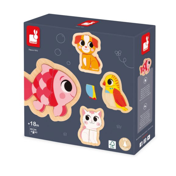 Janod puzzelset - 4 houten puzzels huisdieren kinderspeelgoed duurzaam cadeau