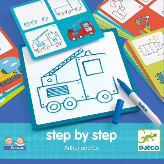Djeco - Tekenkaarten step by step voertuigen
