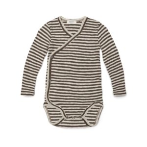 Petit by Basics - Overslagromper Merino Stripe gestreept bruin newborn new born babykleding kraamcadeau kraamkado overslag wol