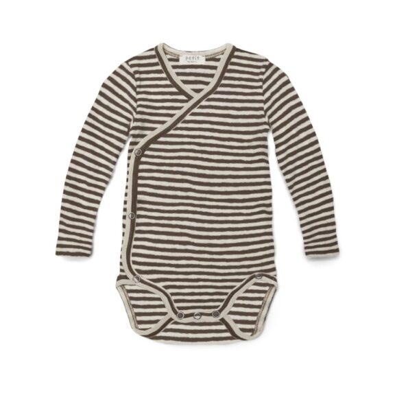Petit by Basics - Overslagromper Merino Stripe gestreept bruin newborn new born babykleding kraamcadeau kraamkado overslag wol
