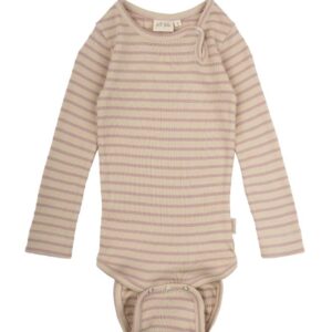 Petit Piao Body L-S Modal Striped - Adobe rose-dark off white roze gestreept romper lange mouw babykleding kraamcadeau