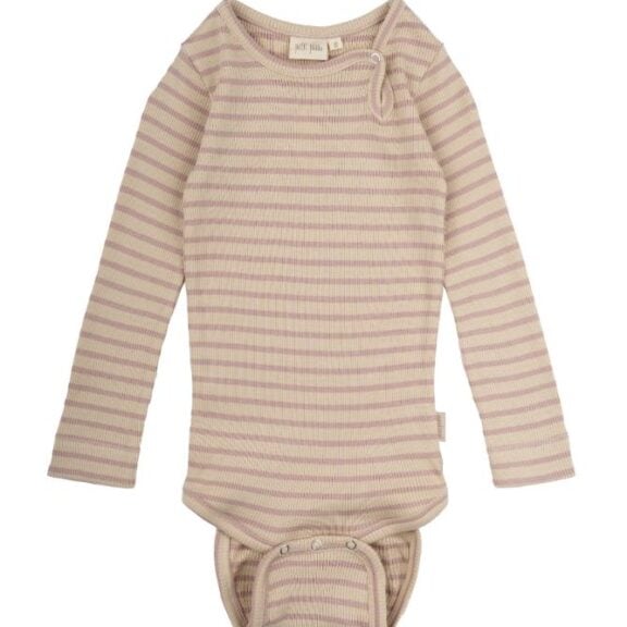 Petit Piao Body L-S Modal Striped - Adobe rose-dark off white roze gestreept romper lange mouw babykleding kraamcadeau