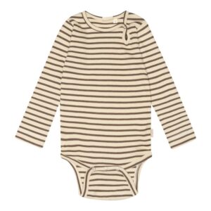 Petit Piao - Romper L/S Chocolate Brown stripe geboortepakje unisex rib kraamcadeau boxpakje babykleding gestreept