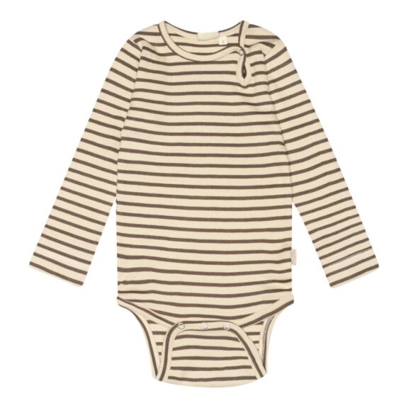 Petit Piao - Romper L/S Chocolate Brown stripe geboortepakje unisex rib kraamcadeau boxpakje babykleding gestreept