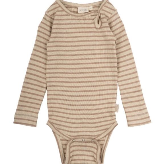 Petit Piao Body L-S Modal Striped - Light sand-dark off white zand beige gestreept romper lange mouw babykleding kraamcadeau