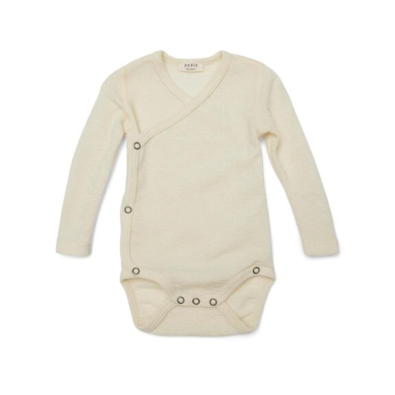 Petit by Basics overslagromper off-white merinowol wol merino warmteregulerend zelfreinigend duurzame babykleding winterkleding unisex