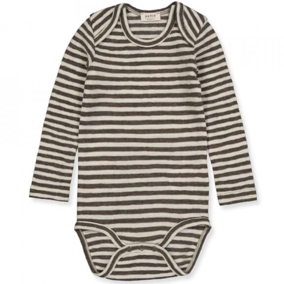 Petit by Basics romper merino stripe bruin gestreept newborn new born babykleding kraamcadeau kraamkado geboortepakje warmte wol