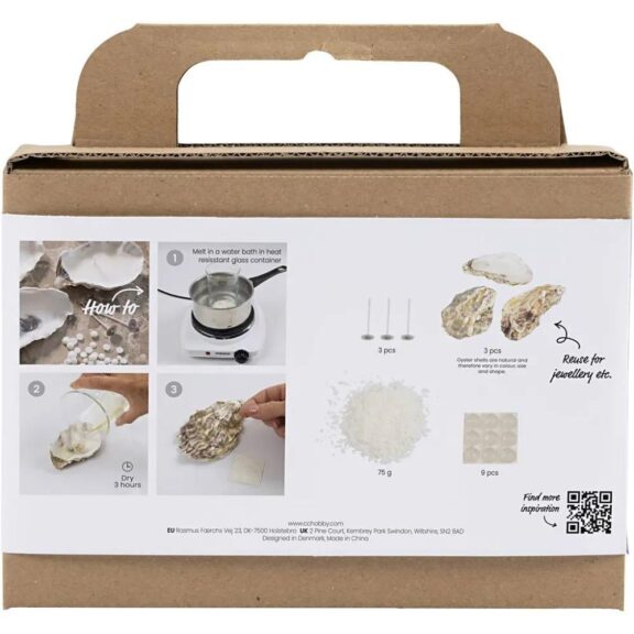 Hobbyset voor het maken van kaarsen in oesterschelp-stijl van Creativ Company, inclusief materialen en instructies voor het creëren van unieke, handgemaakte kaarsen.