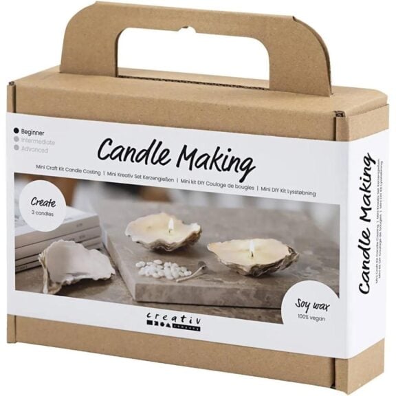 Hobbyset voor het maken van kaarsen in oesterschelp-stijl van Creativ Company, inclusief materialen en instructies voor het creëren van unieke, handgemaakte kaarsen.