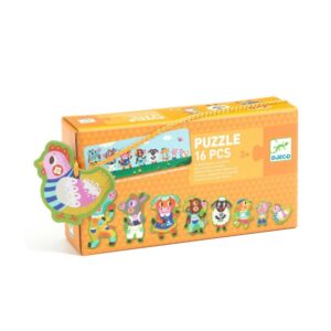 Boerderijpuzzel van Djeco met dieren in verschillende formaten, ideaal voor jonge kinderen om groot en klein te leren herkennen.