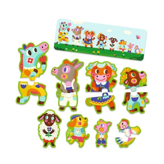 Boerderijpuzzel van Djeco met dieren in verschillende formaten, ideaal voor jonge kinderen om groot en klein te leren herkennen.