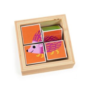 Kleurrijke blokpuzzel Tournibist van Djeco, met vier blokken om verschillende afbeeldingen te maken.