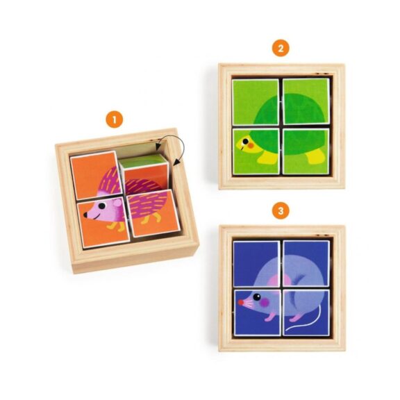 Kleurrijke blokpuzzel Tournibist van Djeco, met vier blokken om verschillende afbeeldingen te maken.