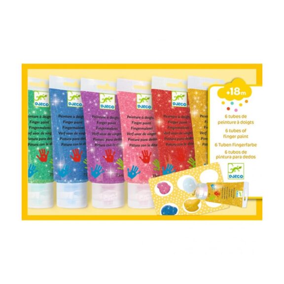 Glitter vingerverf van Djeco in verschillende kleuren, speciaal voor kinderen om creatief mee te schilderen.