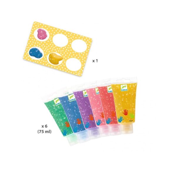 Glitter vingerverf van Djeco in verschillende kleuren, speciaal voor kinderen om creatief mee te schilderen.