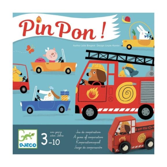Pin Pon brandweer samenwerkingsspel van Djeco, waar kinderen samen werken om brandjes te blussen en de stad te redden.
