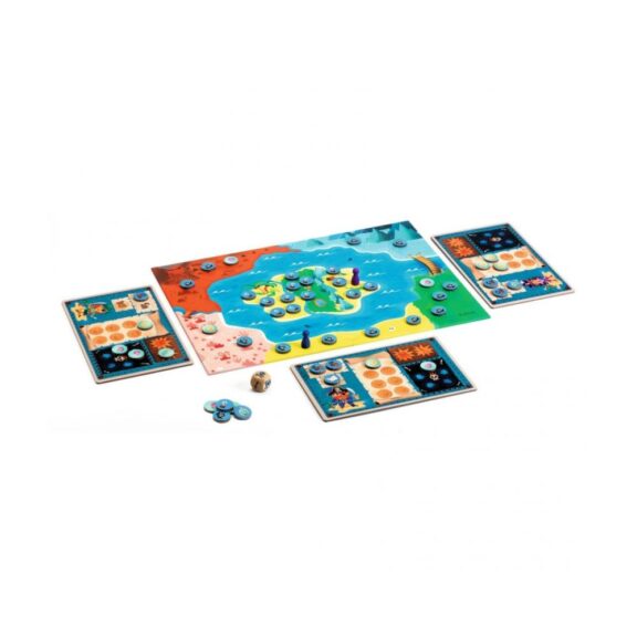 Avontuurlijk bordspel Pirate Island van Djeco, waar kinderen samen op zoek gaan naar schatten en spannende uitdagingen aangaan.