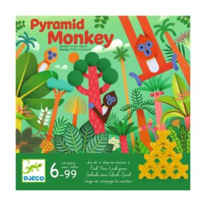 Push your luck-spel Pyramid Monkey van Djeco, waarbij kinderen aapjes stapelen zonder de toren te laten vallen.