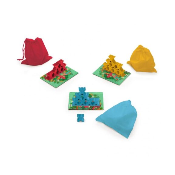 Push your luck-spel Pyramid Monkey van Djeco, waarbij kinderen aapjes stapelen zonder de toren te laten vallen.