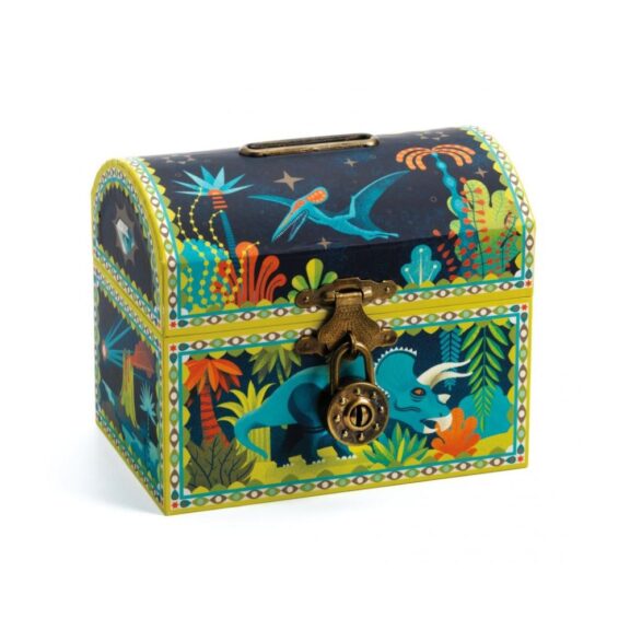 Spaarpot in de vorm van een schatkist met dino's van Djeco, een leuke en kleurrijke manier voor kinderen om te sparen.