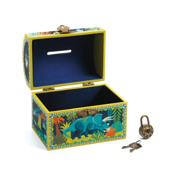 Spaarpot in de vorm van een schatkist met dino's van Djeco, een leuke en kleurrijke manier voor kinderen om te sparen.