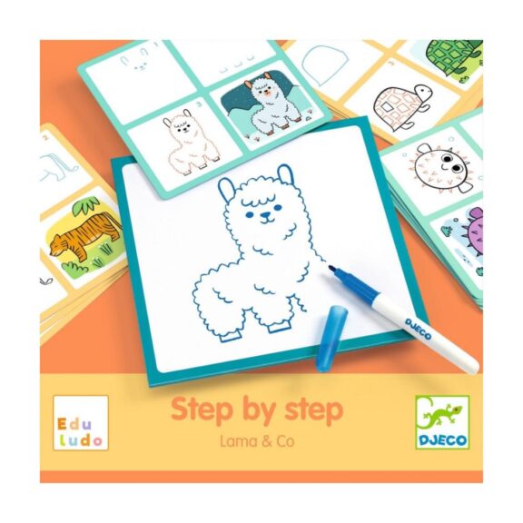 Tekenkaarten step by step Lama & Co van Djeco, met stapsgewijze instructies voor kinderen om schattige lama's en andere dieren te tekenen.