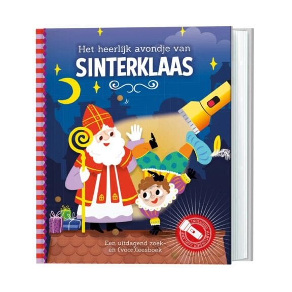 Zoekboek Sinterklaas Sint Nicolaas Goedheiligman cadeau schoencadeau boek prenten piet ozosnel stoomboot zoeken lantaarn zaklamp verhaal leesboek voorleesboek