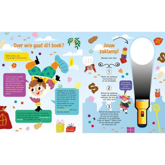 Zoekboek Sinterklaas Sint Nicolaas Goedheiligman cadeau schoencadeau boek prenten piet ozosnel stoomboot zoeken lantaarn zaklamp verhaal leesboek voorleesboek