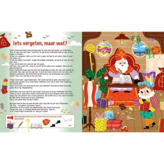 Zoekboek Sinterklaas Sint Nicolaas Goedheiligman cadeau schoencadeau boek prenten piet ozosnel stoomboot zoeken lantaarn zaklamp verhaal leesboek voorleesboek
