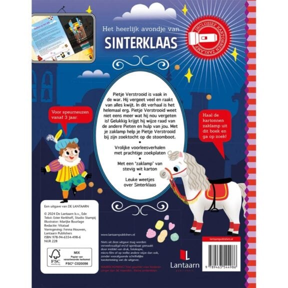 Zoekboek Sinterklaas Sint Nicolaas Goedheiligman cadeau schoencadeau boek prenten piet ozosnel stoomboot zoeken lantaarn zaklamp verhaal leesboek voorleesboek