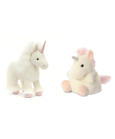 Een vergelijkingsfoto van een schattige jellycat knuffel eenhoorn en palm pals eenhoorn