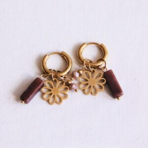 Bazou - Oorring met tube, facet en bloem Mokka