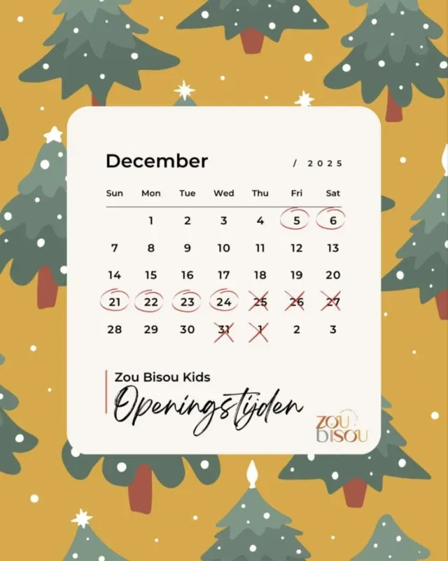 Ho, ho, (h)openingstijden december 2025 ✨🔓

De laatste maand van het jaar is alweer aangebroken. Ook wel the festive season genoemd 🎁🎄 Vanwege alle feestelijkheden heeft onze winkel een aantal gewijzigde openingstijden ⬇️

Reguliere openingstijden: woensdag t/m zaterdag 9.30 uur - 17.00 uur, behalve:
🎁 Vrijdag 5 december: geopend tot 15.00 uur
😴 Zaterdag 6 december: geopend tot 13.00 uur
🥂 Zondag 21 december: geopend van 12.00 uur tot 17.00 uur
🦌 Maandag 22 december: geopend van 12.00 uur tot 17.00 uur
🎄 dinsdag 23 december: geopend van 10.00 uur tot 17.00 uur
🎅🏼 Woensdag 24 december: geopend tot 15.00 uur
🎆 Donderdag 25 december t/m vrijdag 1 januari: GESLOTEN

Geen zorgen, we passen de openingstijden ook aan in Google. Dus mocht je het even niet meer weten.. Google is your best friend ✌🏼

#zoubisoukids #openingstijden #december #festiveseason #feestdagen
