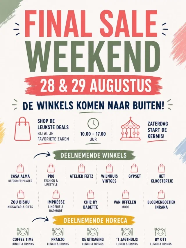 Zet ‘m in je agenda! 28 & 29 augustus ➡️ Final Sale Weekend in Ulvenhout. De winkels komen naar buiten met veel leuke acties en deals 🛍️ Daar wil je bij zijn! 

Bovendien begint op zaterdag 29 augustus ook de kermis 🎡 

Zien we je dit weekend?

#zoubisoukids #finalsaleweekend #kermis #ontdekulvenhout #outlet